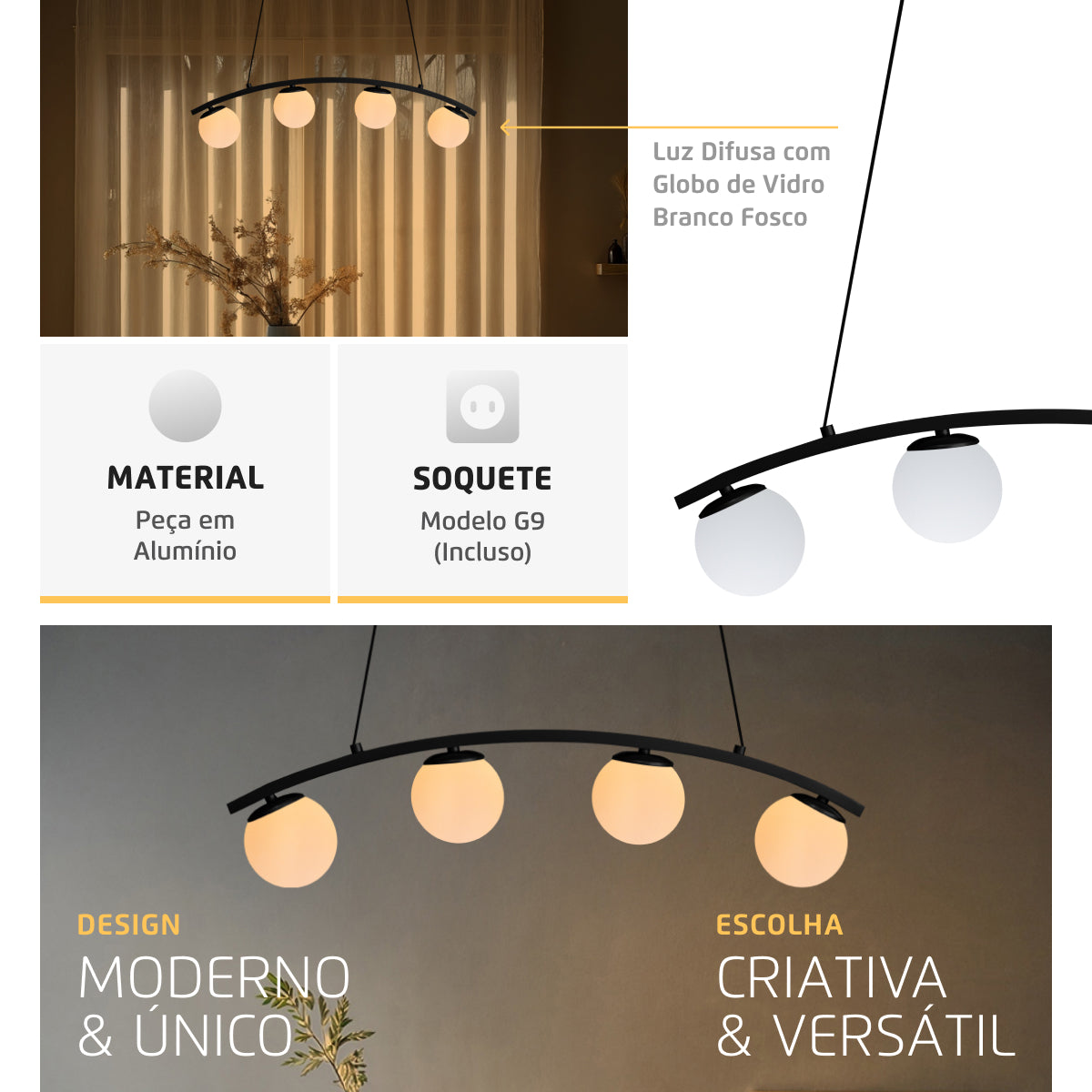 Luminária Pendente Nero Up Preto 4 Globos Leitosos 10Cm