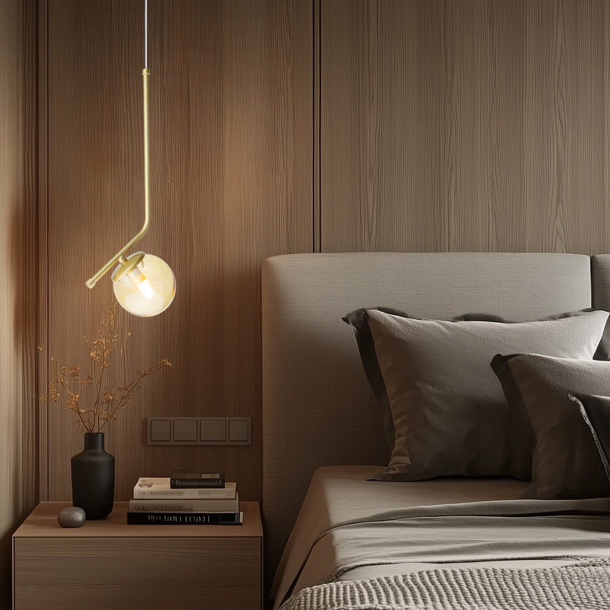 Luminária Pendente Stick Light Dourado Globo Âmbar 10Cm