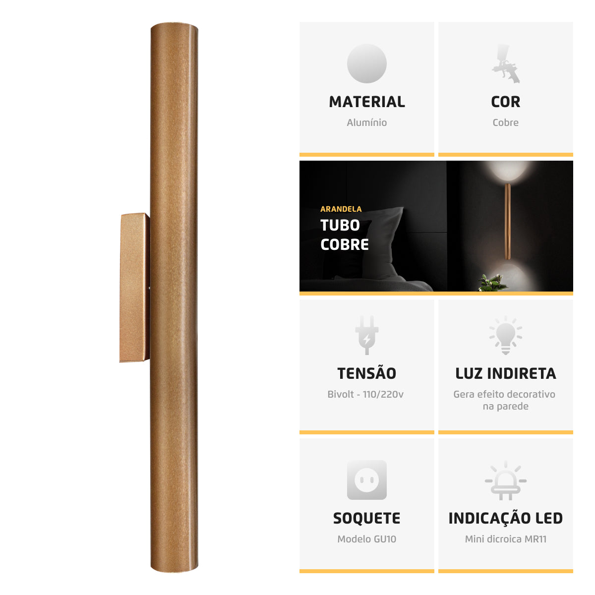 Arandela Tubo Cilindro Alumínio Cobre 45cm