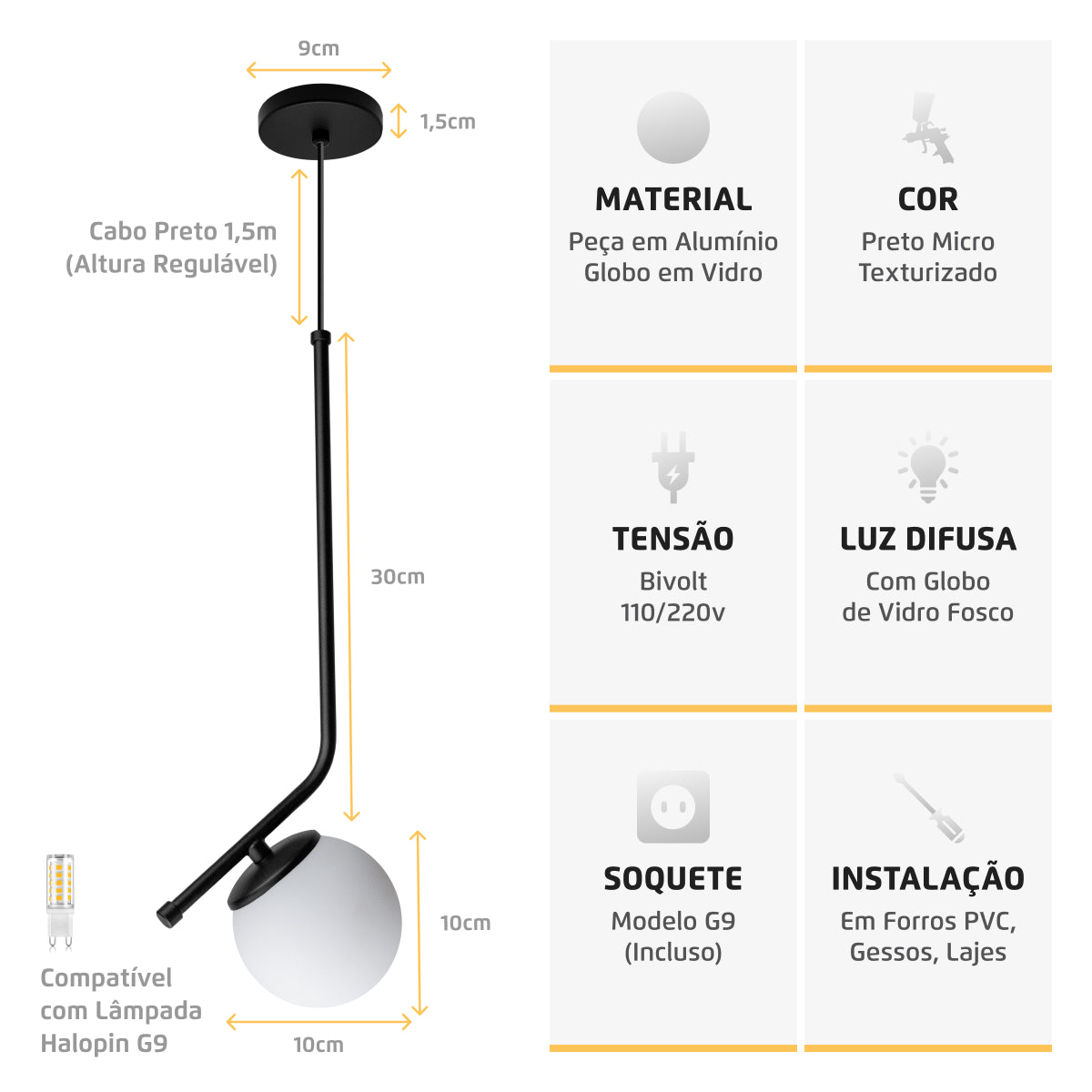 Luminária Pendente Stick Light Preto Globo Vidro Fosco 10Cm