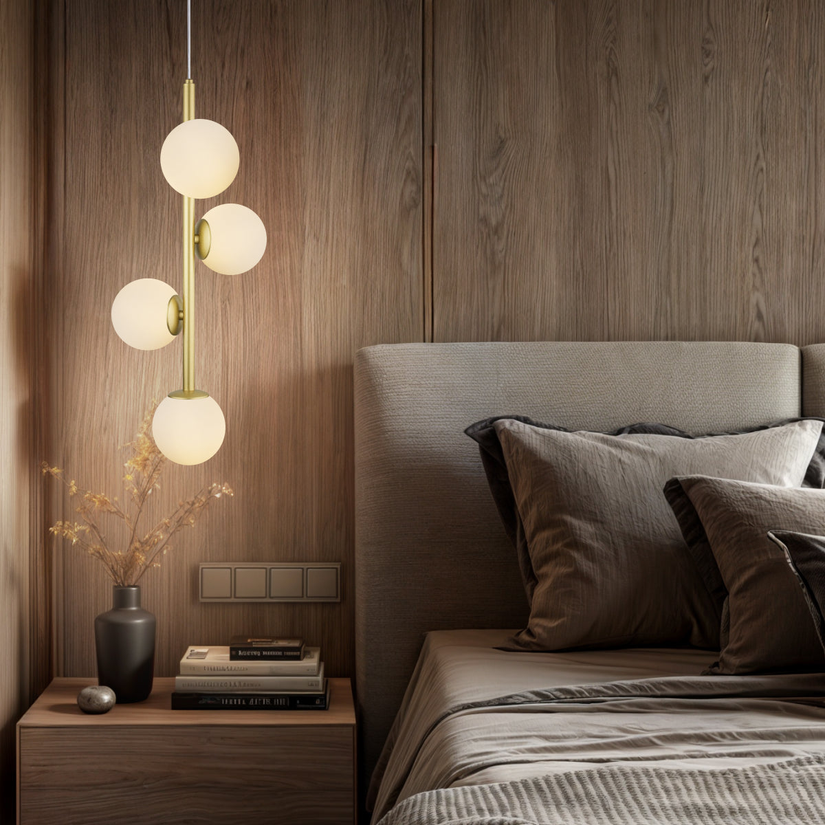 Luminária Pendente Galha Dourado 4 Globos Vidro Leitoso 12Cm