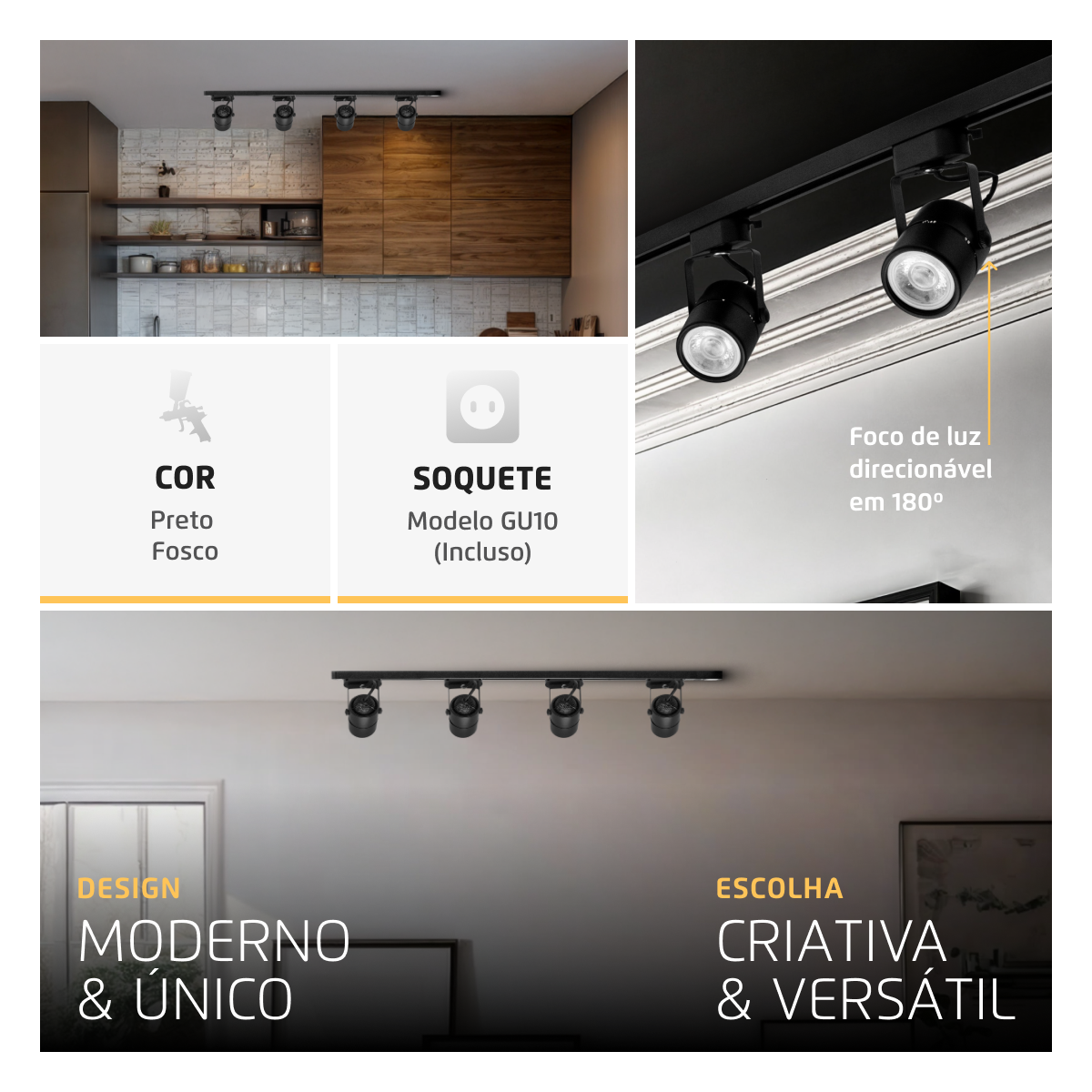 Trilho Eletrificado Preto 1m + 4 Spots GU10 Dicróica MR16