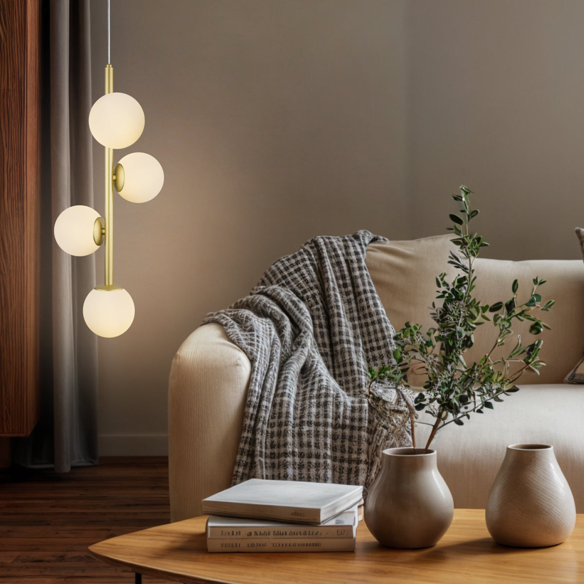 Luminária Pendente Galha Dourado 4 Globos Vidro Leitoso 12Cm