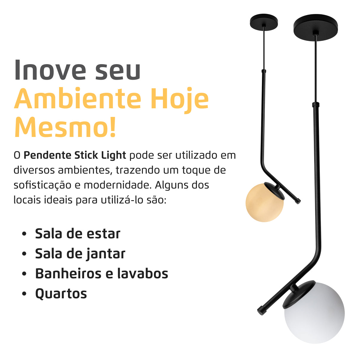 Luminária Pendente Stick Light Preto Globo Vidro Fosco 10Cm