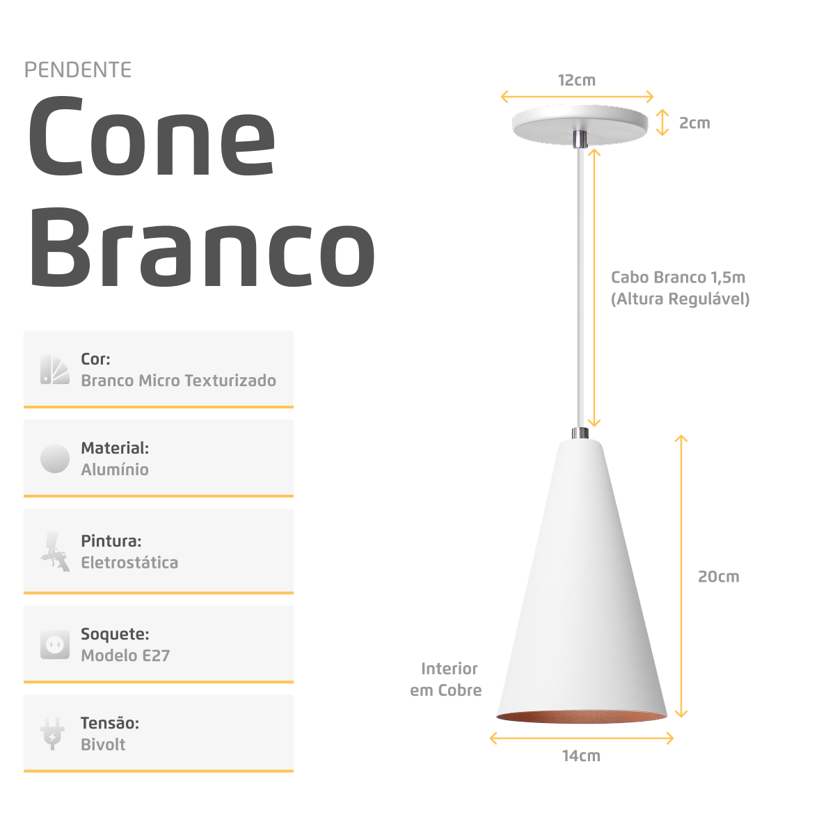 Pendente Lustre Luminária Cone Branco