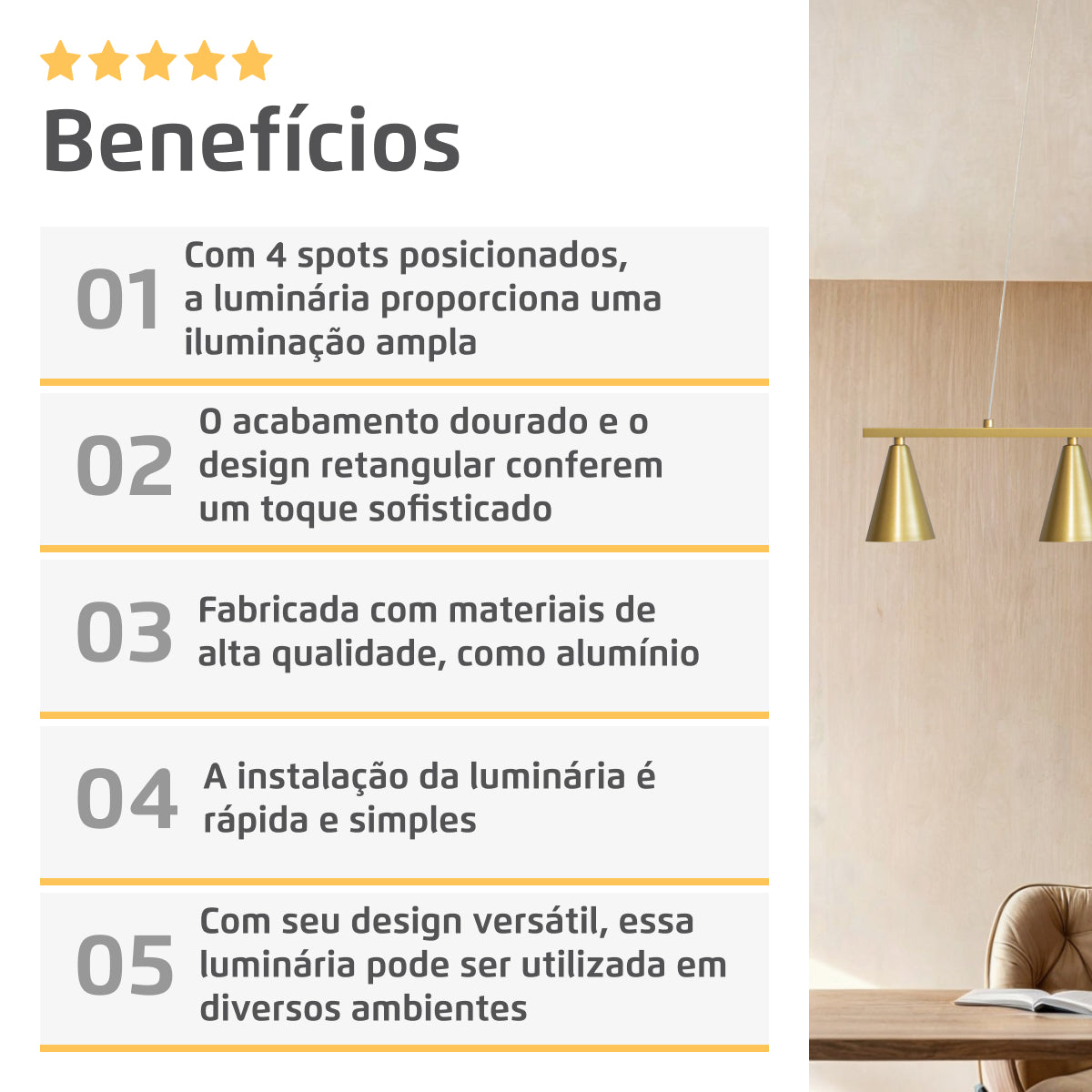 Luminária Pendente Retangular 4 Spots Konus Dourado 70Cm