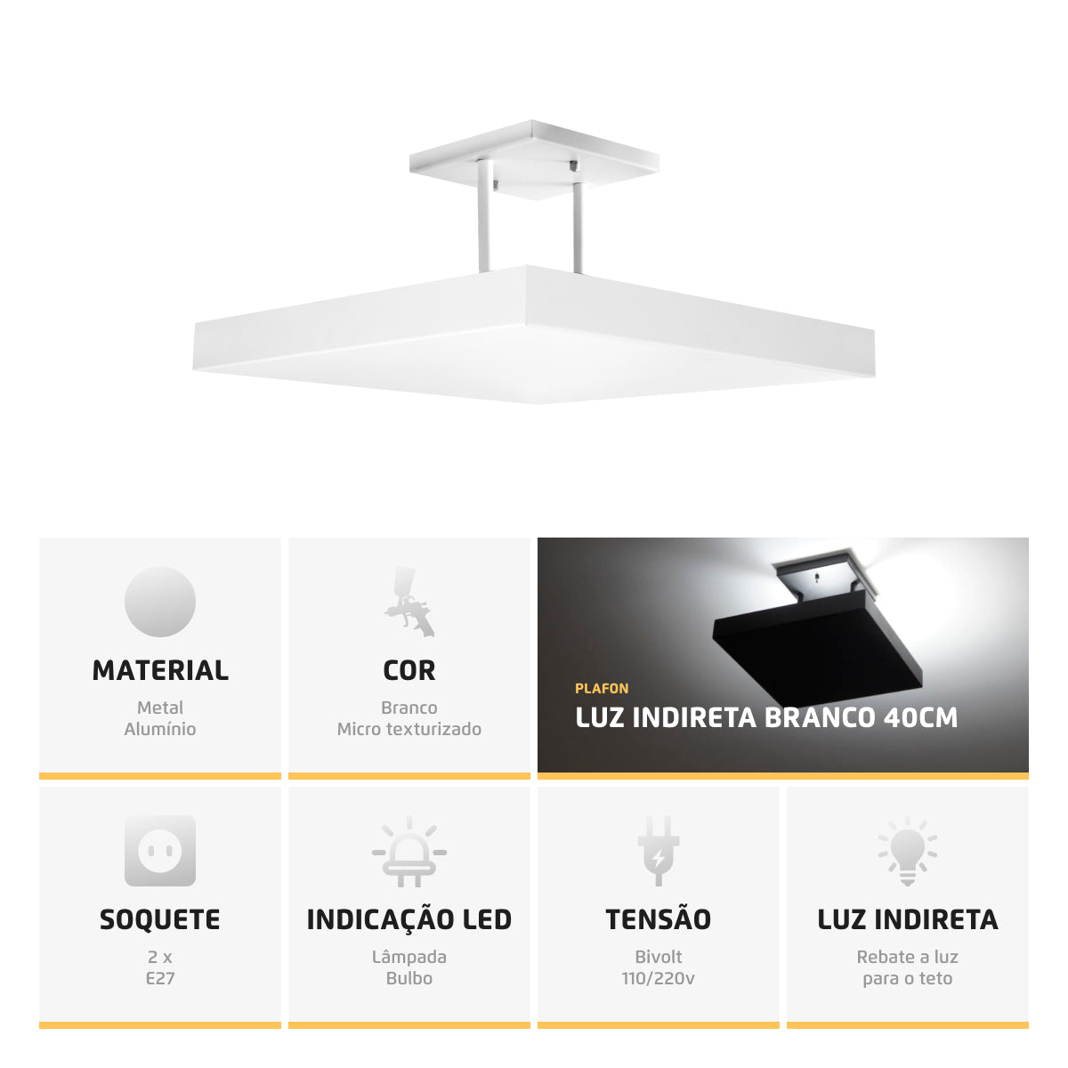 Lustre Plafon Pendente Luminária Luz Indireta 40x40 Branco