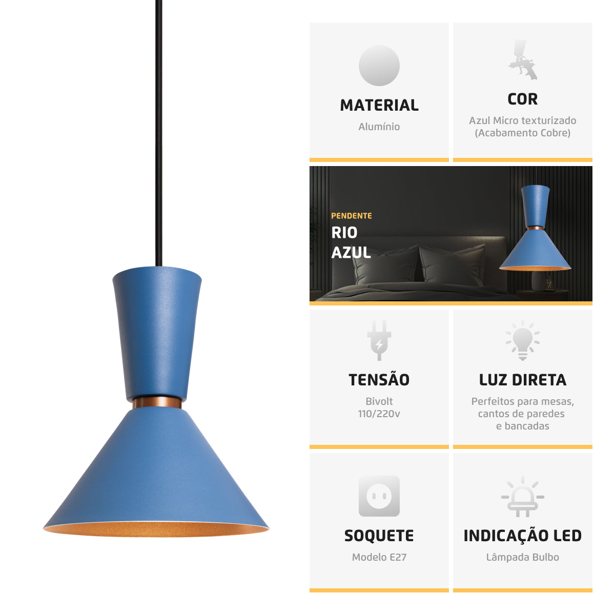Pendente Lustre Luminária Cone Rio Azul