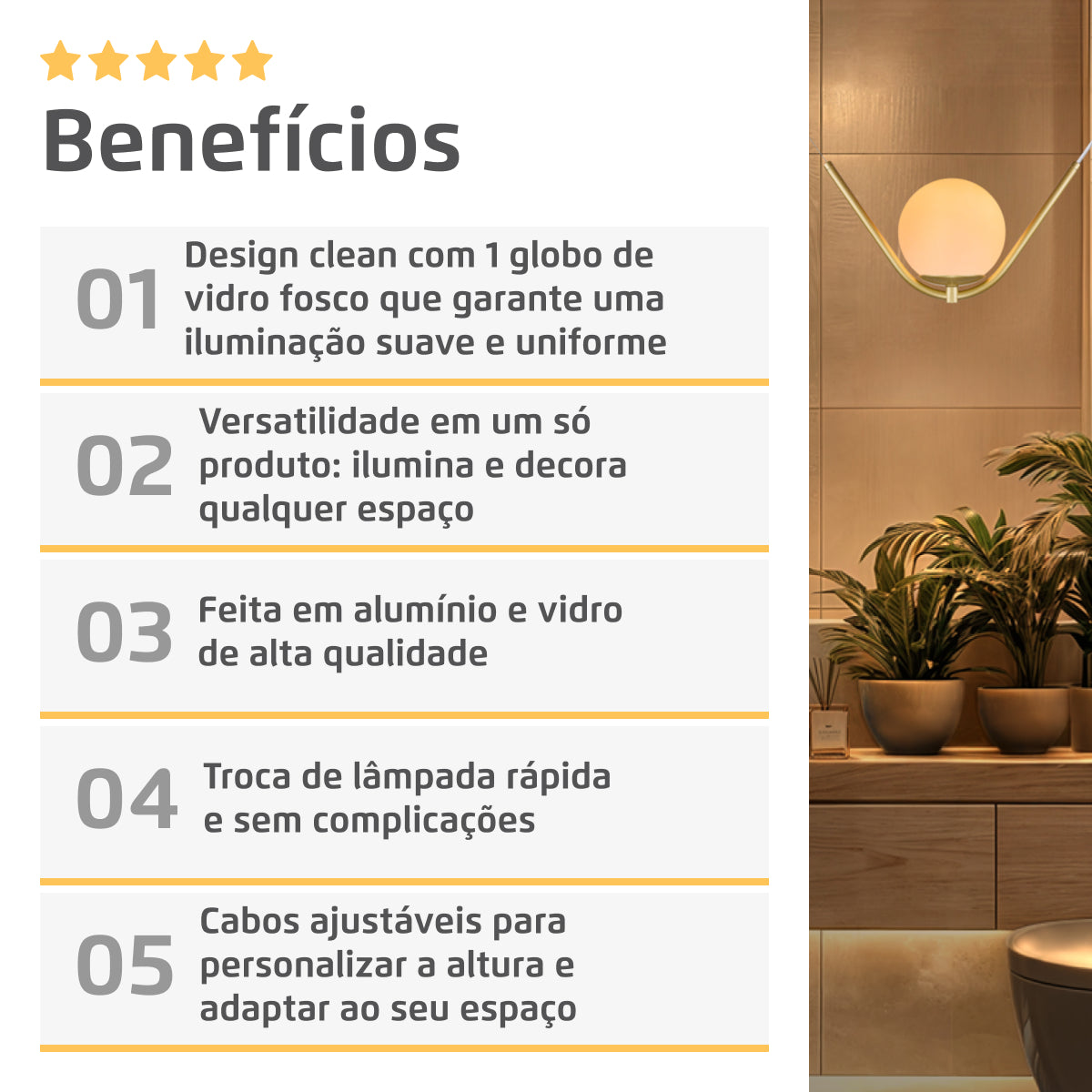 Luminária Pendente Balance Dourado Globo Vidro Leitoso 15Cm