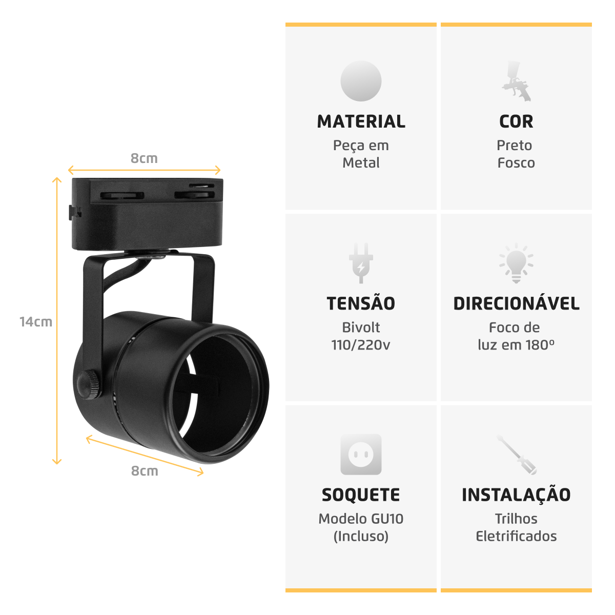 Trilho Eletrificado Preto 1m + 2 Spots GU10 Dicróica MR16