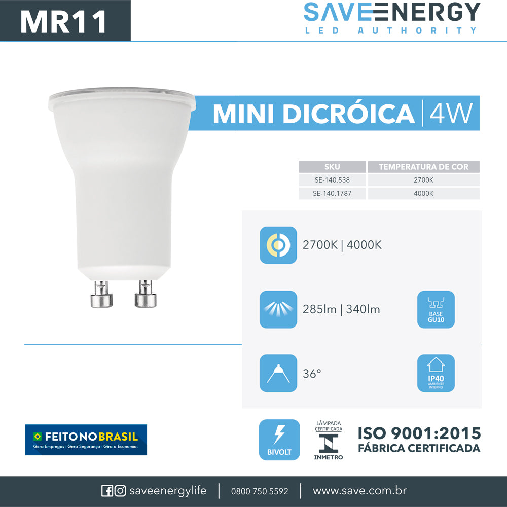 Lâmpada Led Mini Dicroica MR11 4w Save Energy 4000k Branco Neutro