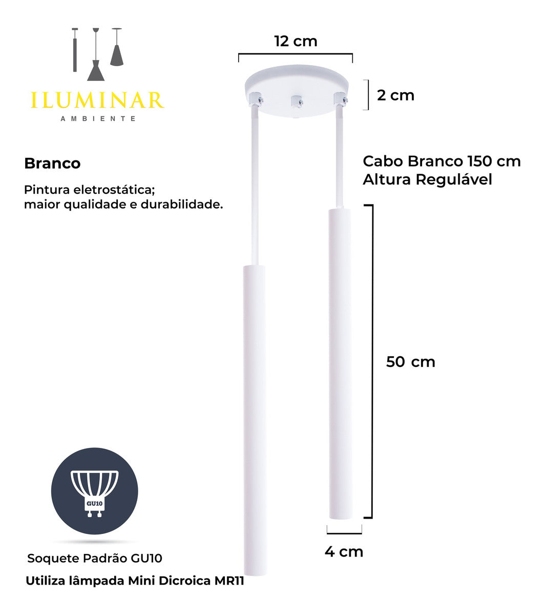 Pendente Luminária Tubo Branco 50 Cm - Duplo