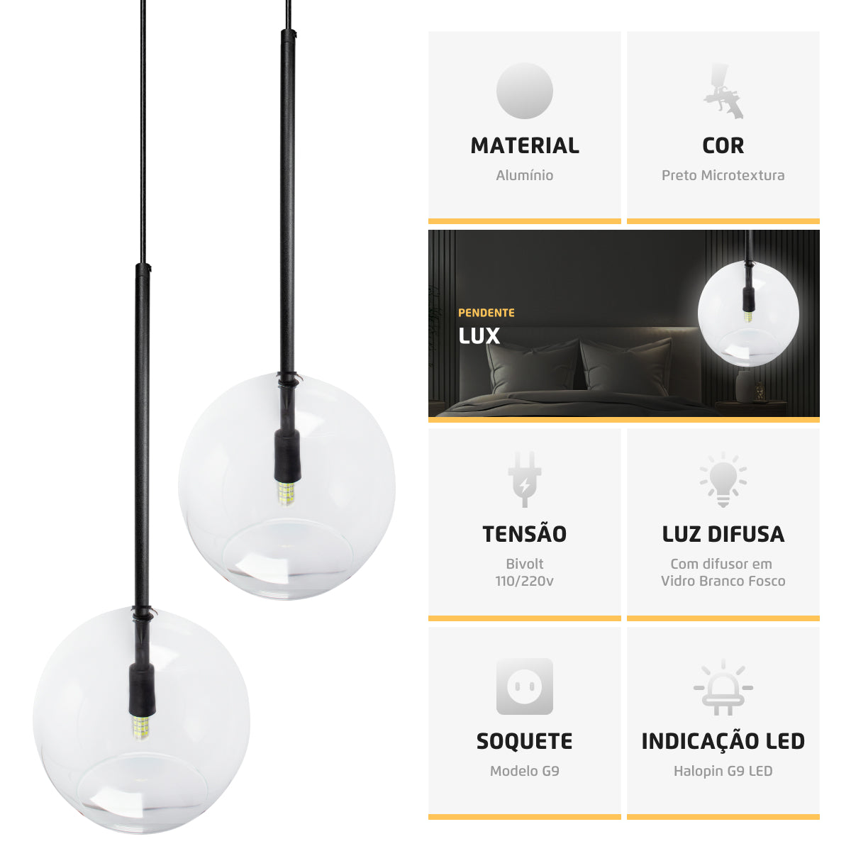 Pendente Lux Preto Globo Vidro Cristal 20Cm + Led