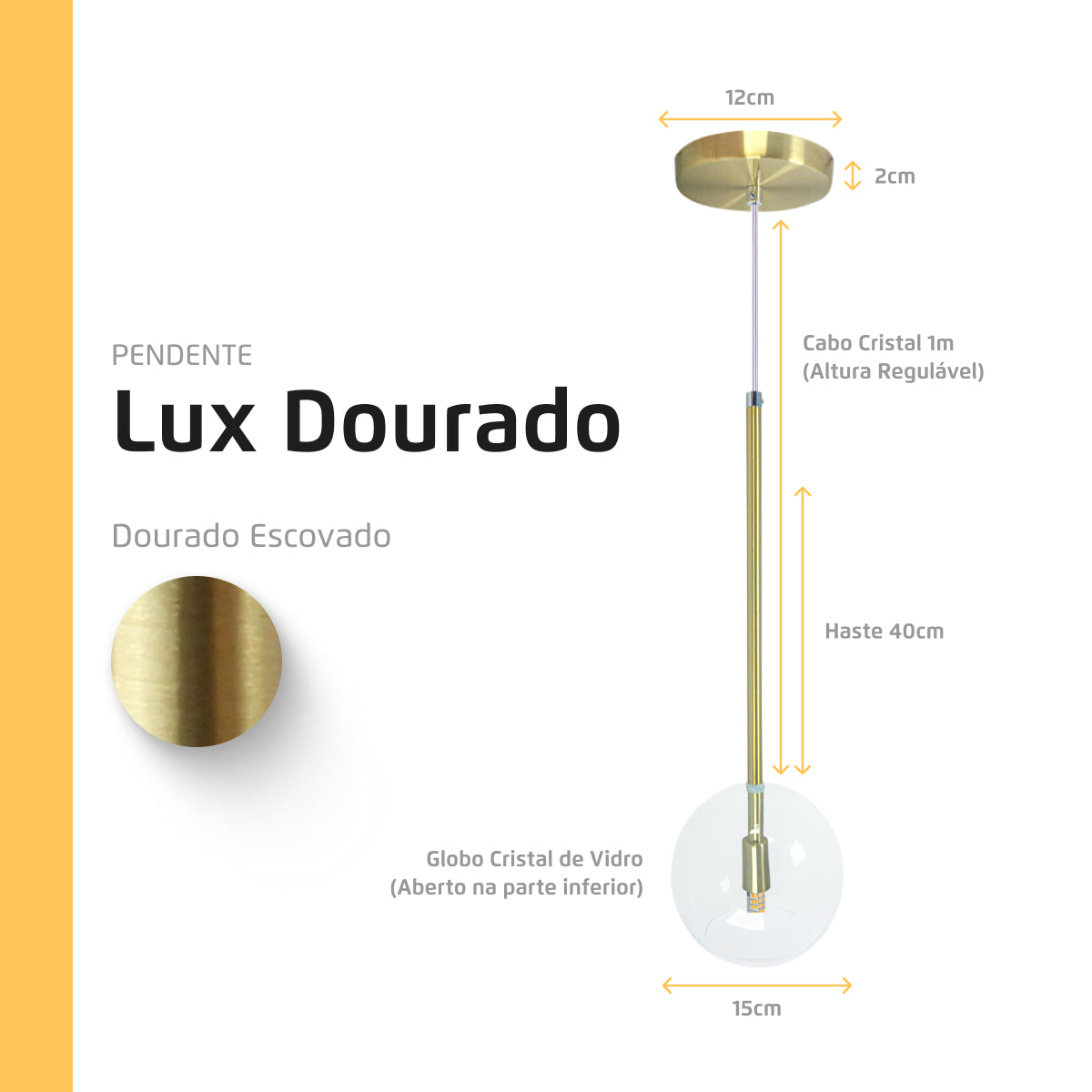 Pendente Lux Dourado Globo Vidro Cristal + Led