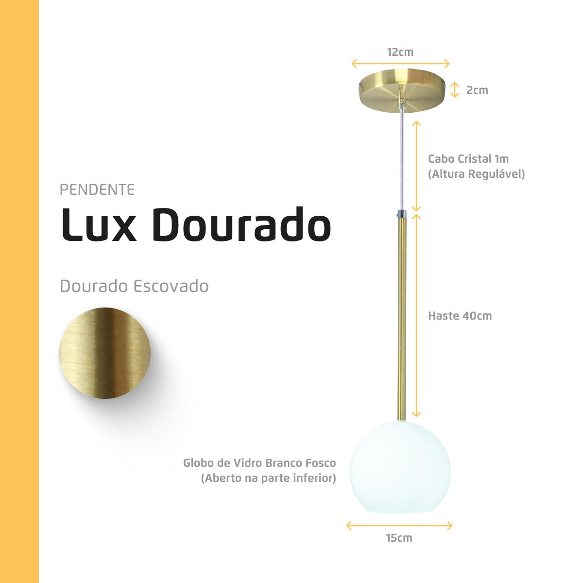 Pendente Lux Dourado Globo Vidro Branco Fosco + Led