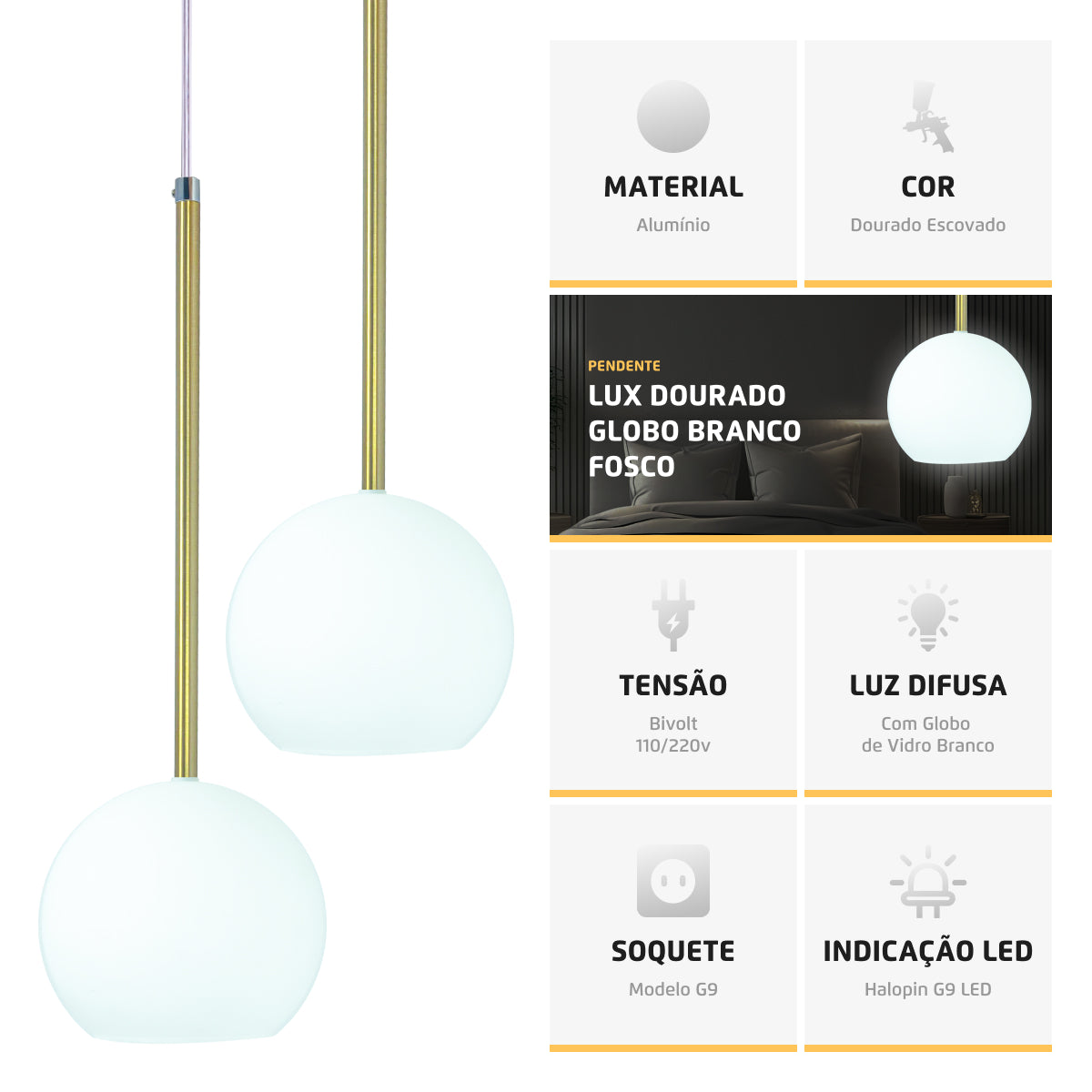 Pendente Lux Dourado Globo Vidro Branco Fosco + Led