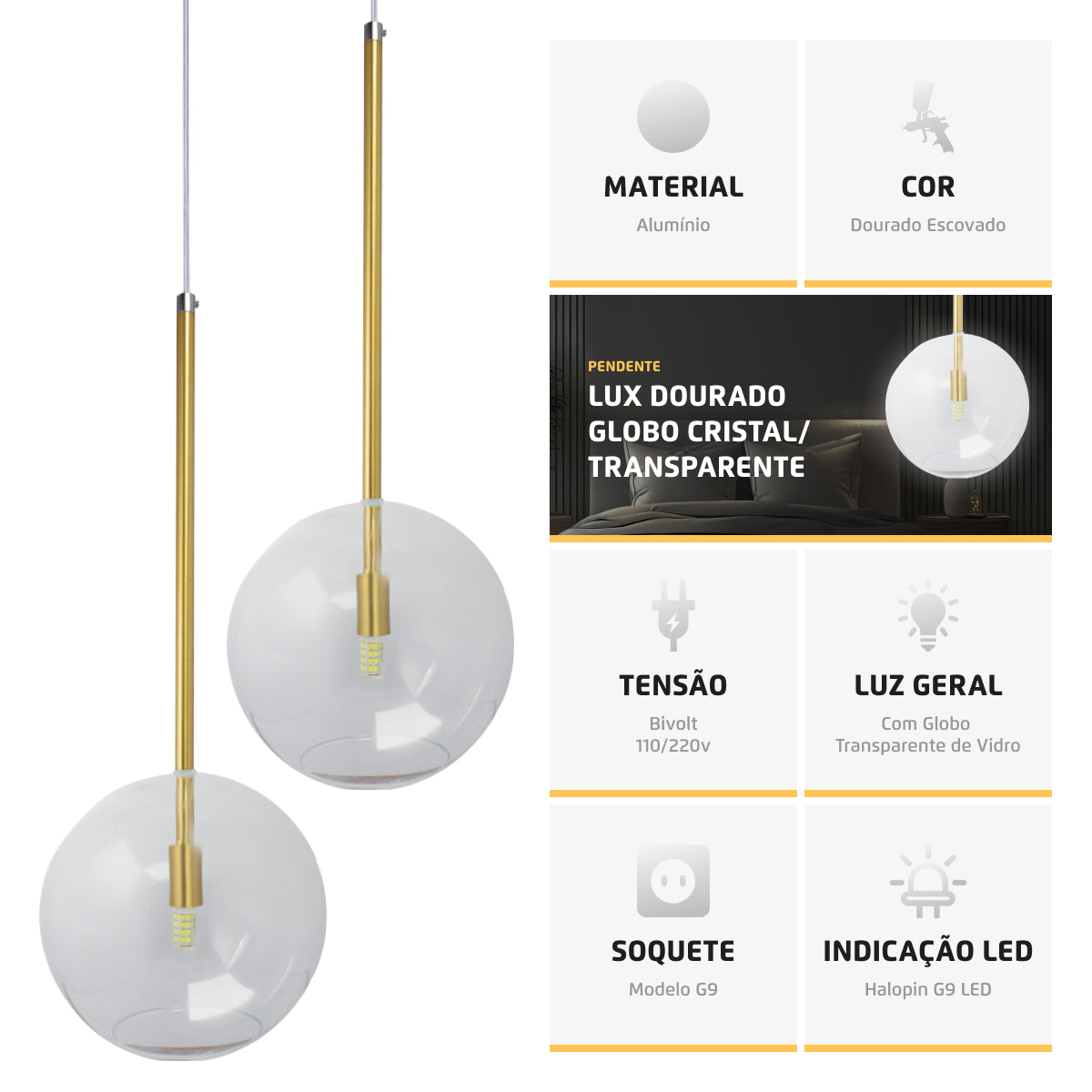 Pendente Lux Dourado Globo Vidro Cristal 20Cm + Led
