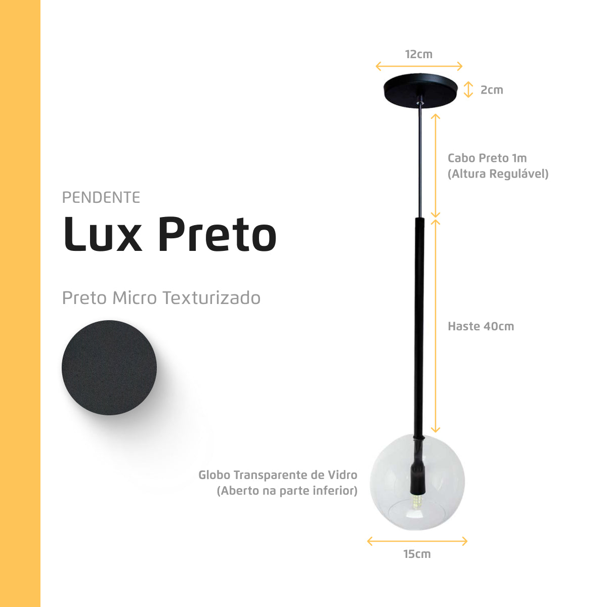 Pendente Lux Preto Globo Vidro Cristal + Led