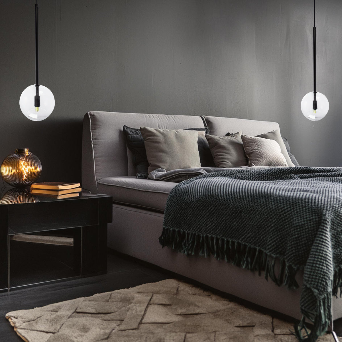 Pendente Lux Preto Globo Vidro Cristal + Led