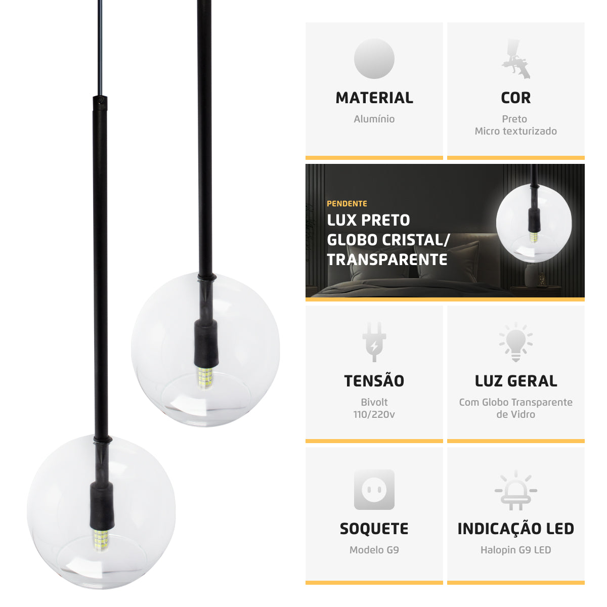 Pendente Lux Preto Globo Vidro Cristal + Led