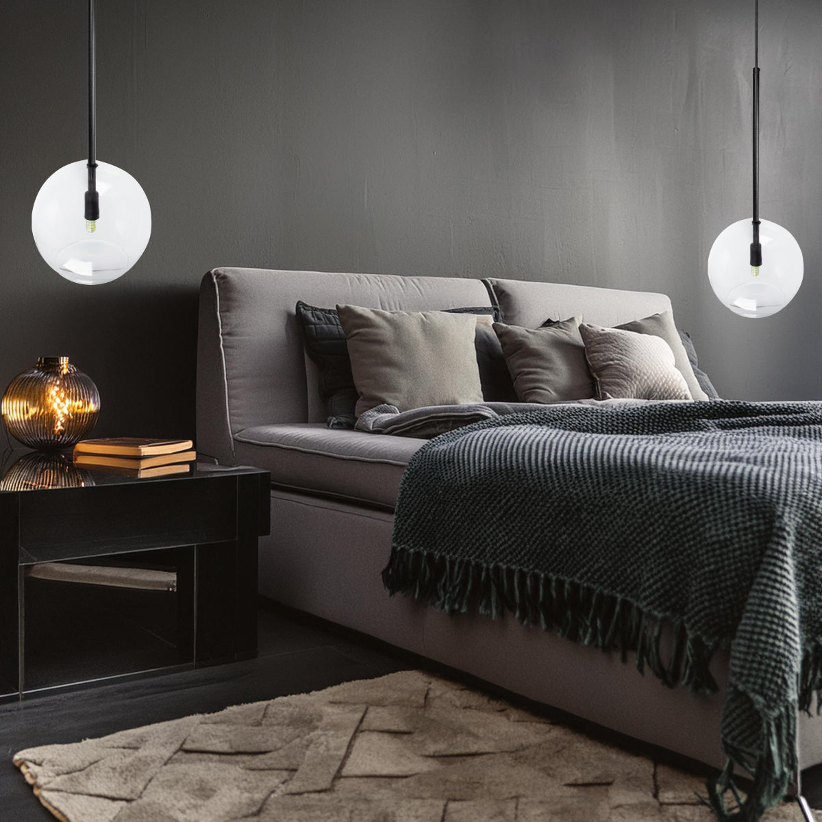 Pendente Lux Preto Globo Vidro Cristal 20Cm + Led