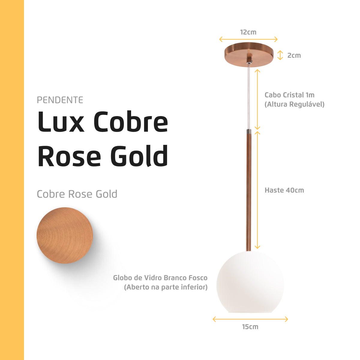 Pendente Lux Cobre Rose Gold Globo Vidro Branco + Led