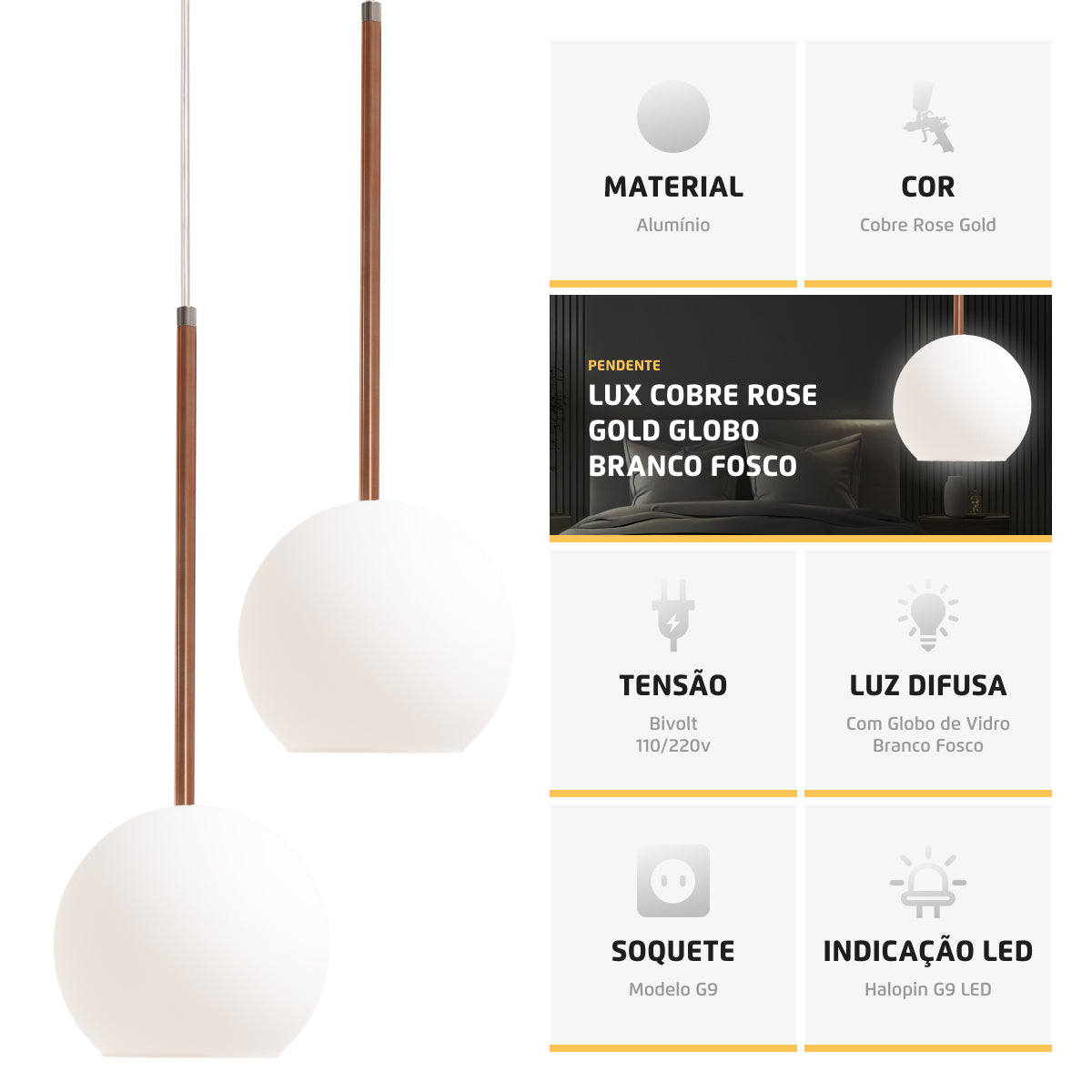 Pendente Lux Cobre Rose Gold Globo Vidro Branco + Led