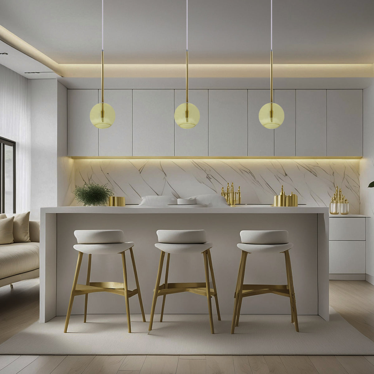 Pendente Lux Dourado Globo Vidro Âmbar + Led