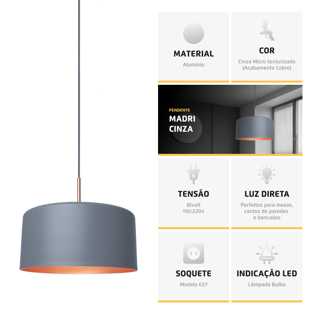 Pendente Lustre Luminária Madri Cinza