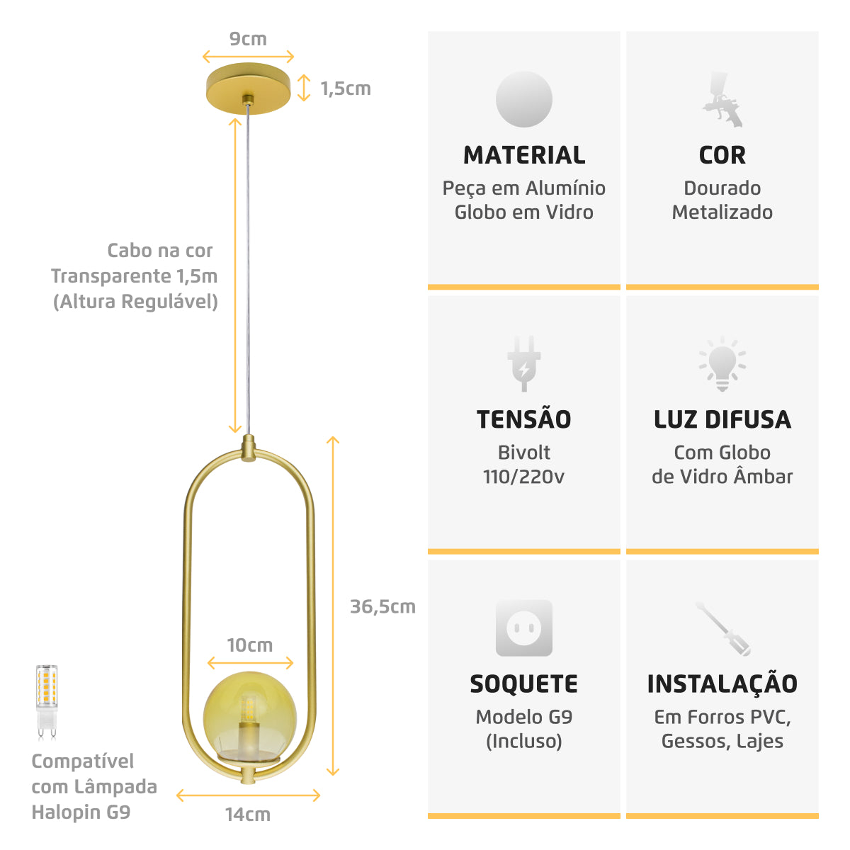 Luminária Pendente Arkom Light Dourado Globo Âmbar 10cm