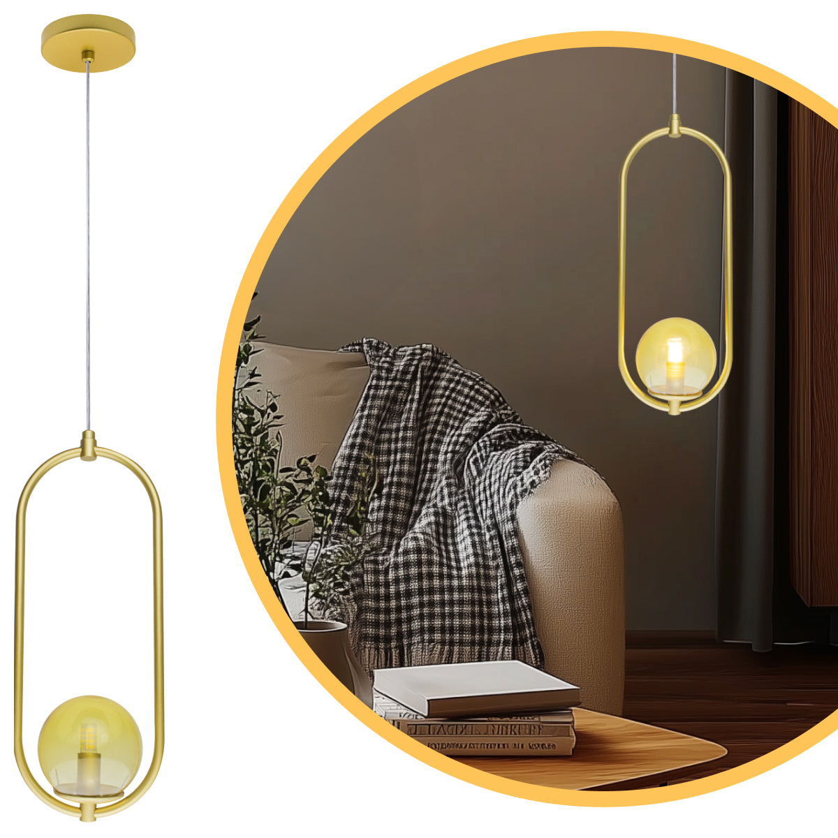 Luminária Pendente Arkom Light Dourado Globo Âmbar 10cm