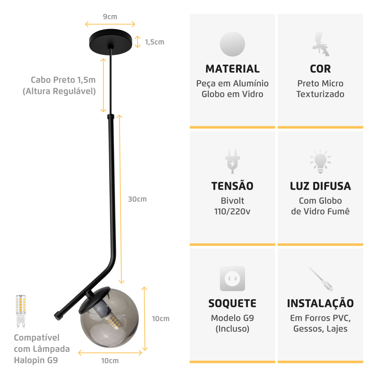 Luminária Pendente Stick Light Preto Globo Fumê 10Cm