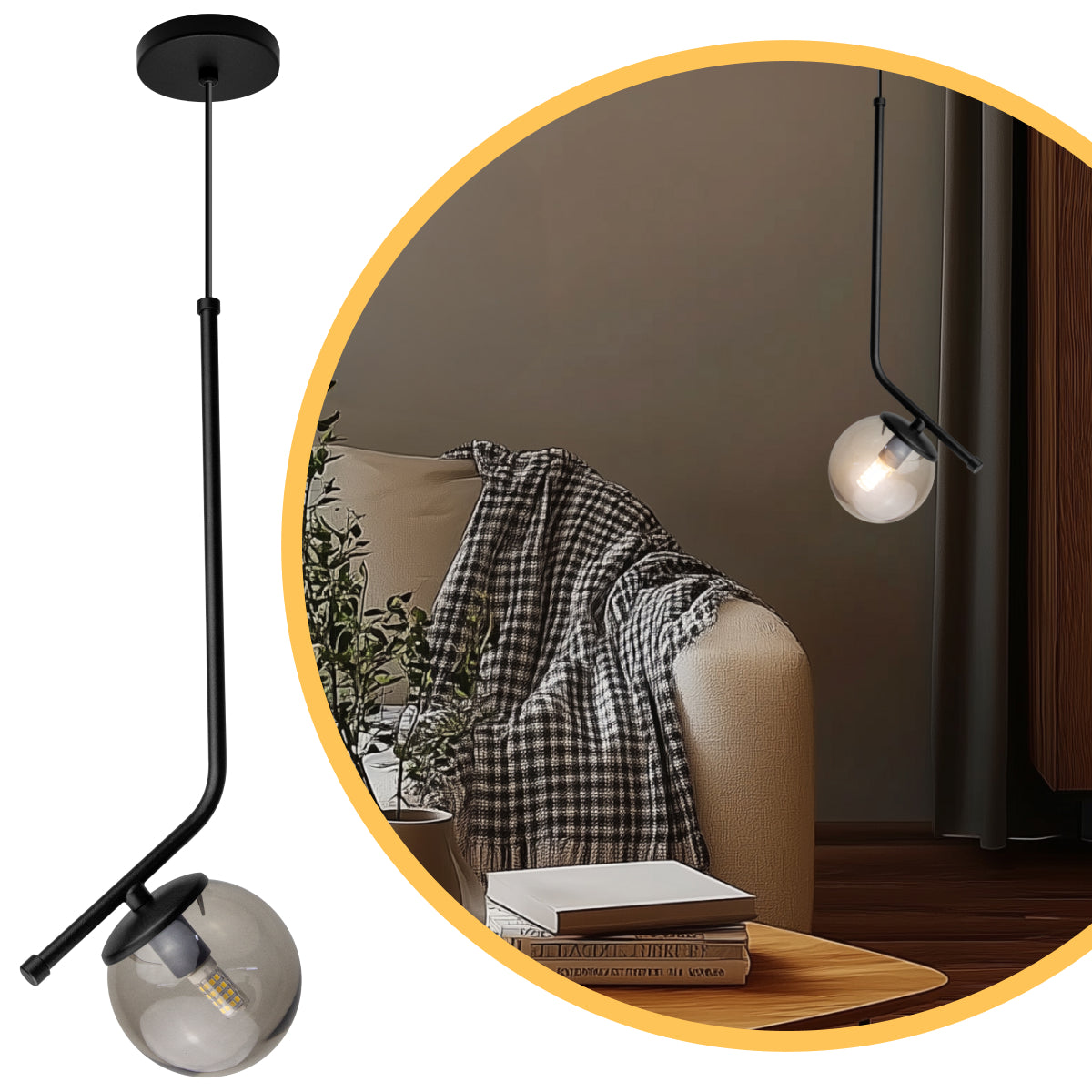 Luminária Pendente Stick Light Preto Globo Fumê 10Cm