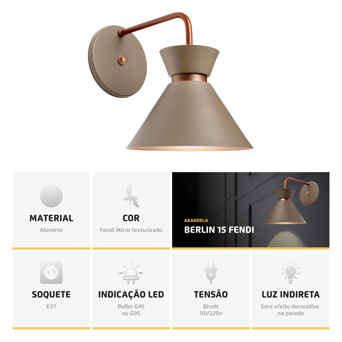 Arandela Parede Berlin 15cm Fendi C/ Cobre