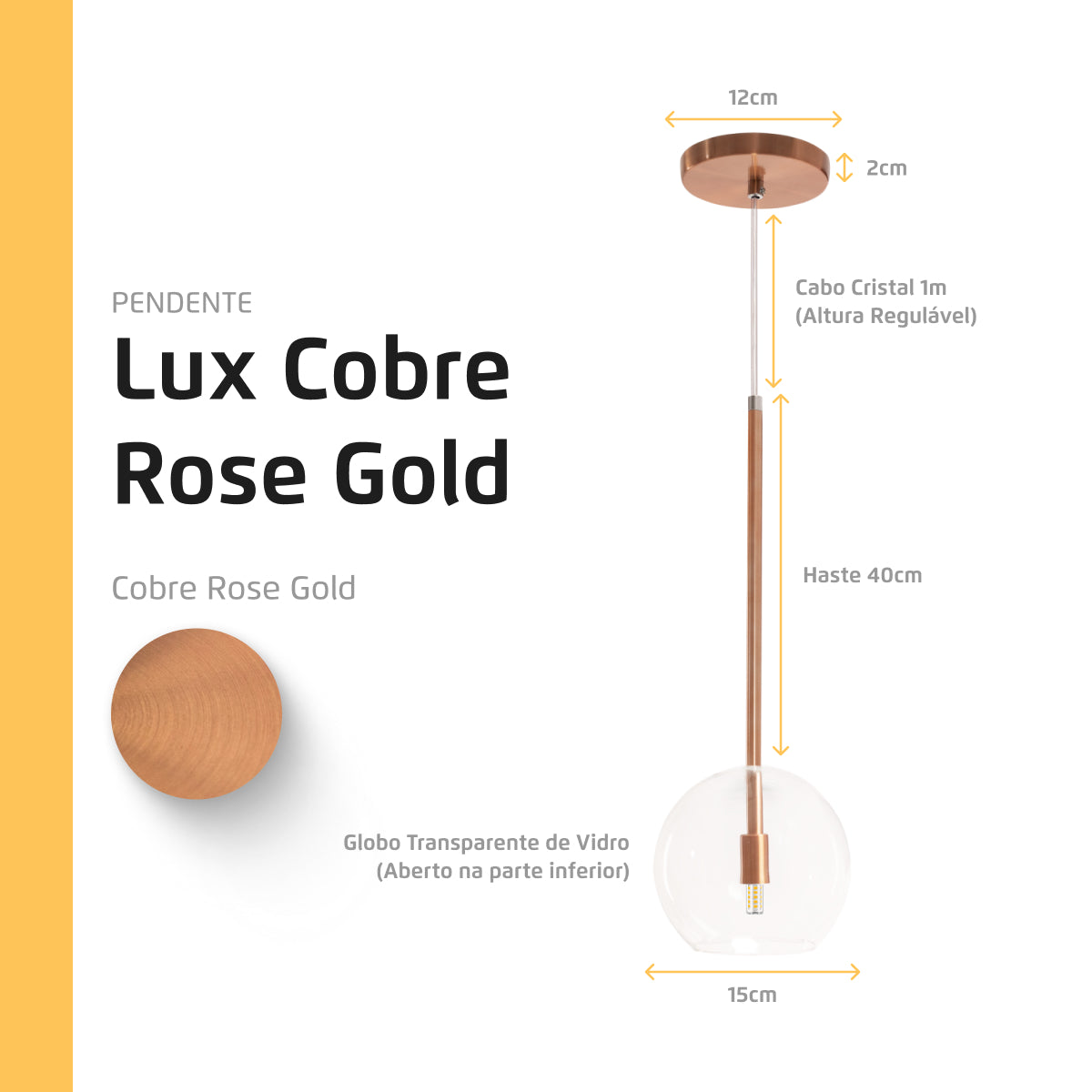 Pendente Lux Cobre Rose Gold Globo Vidro + Led