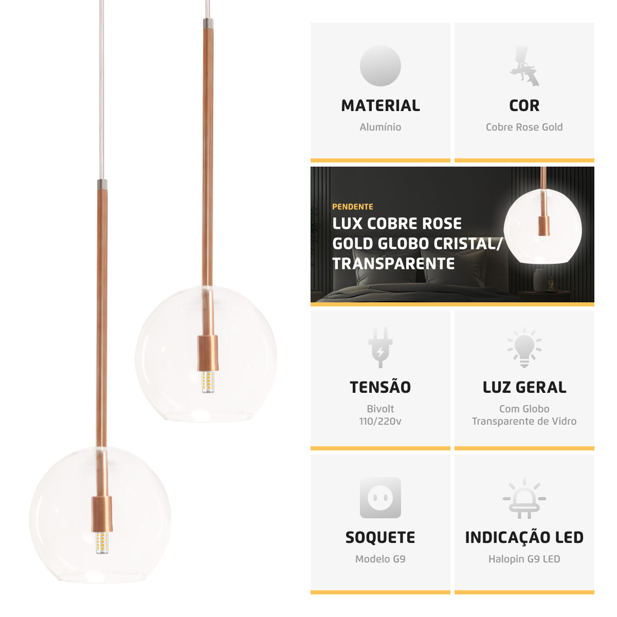 Pendente Lux Cobre Rose Gold Globo Vidro + Led