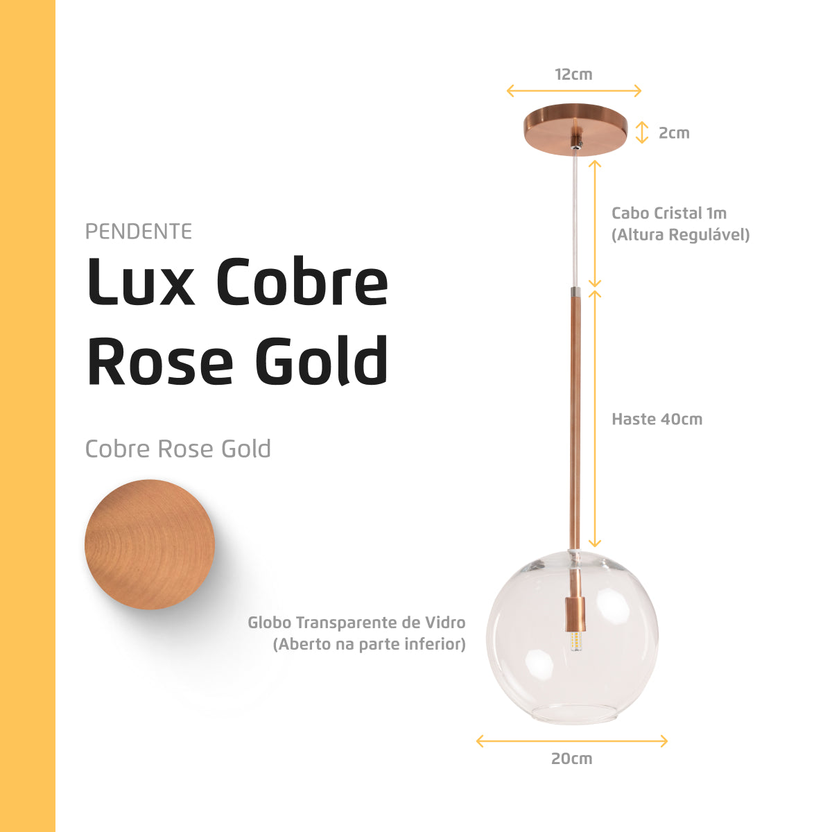 Pendente Lux Cobre Rose Gold Globo Vidro 20Cm + Led
