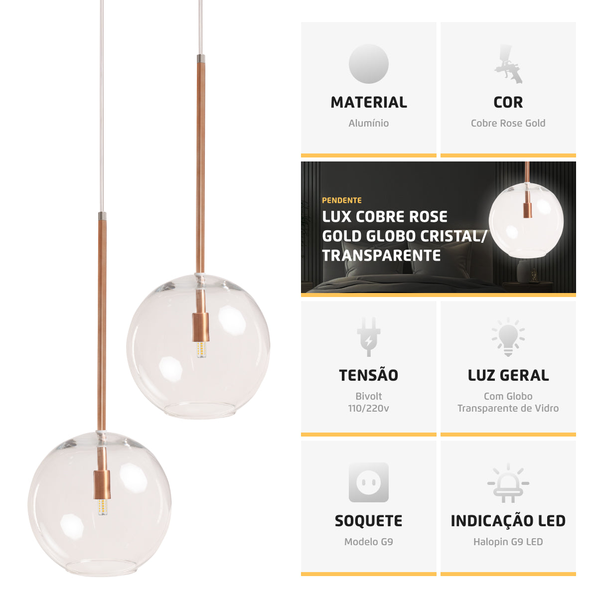 Pendente Lux Cobre Rose Gold Globo Vidro 20Cm + Led