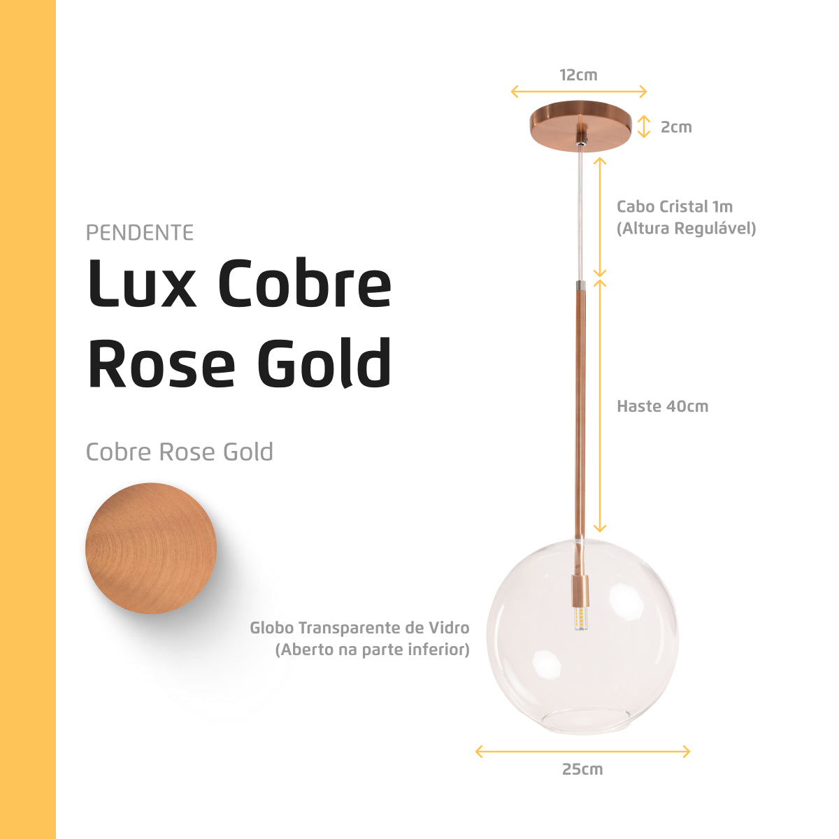Pendente Lux Cobre Rose Gold Globo Vidro 25Cm + Led