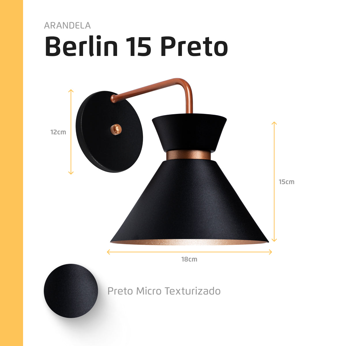 Arandela Parede Berlin 15cm Preto C/ Cobre