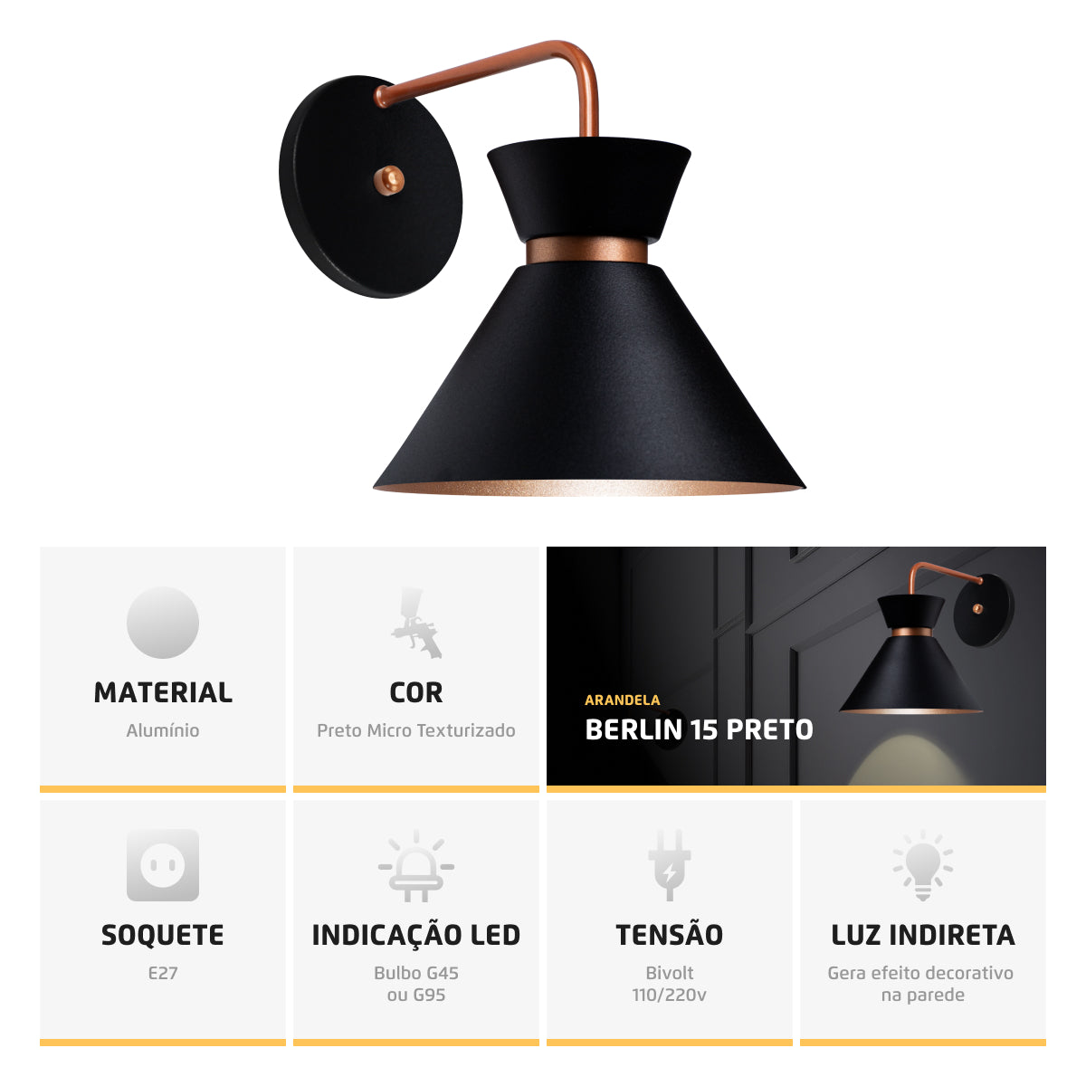 Arandela Parede Berlin 15cm Preto C/ Cobre