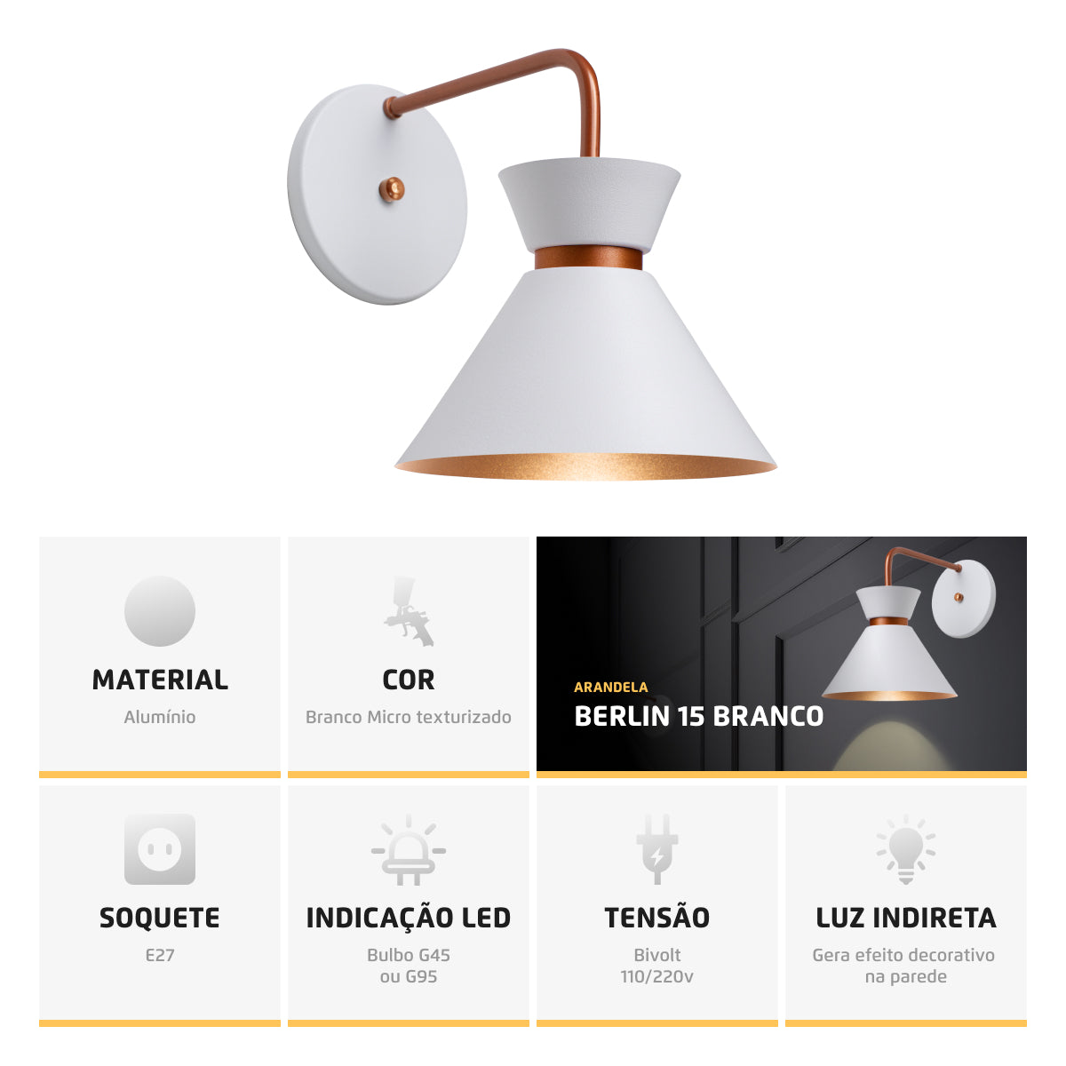 Arandela Parede Berlin 15cm Branco C/ Cobre