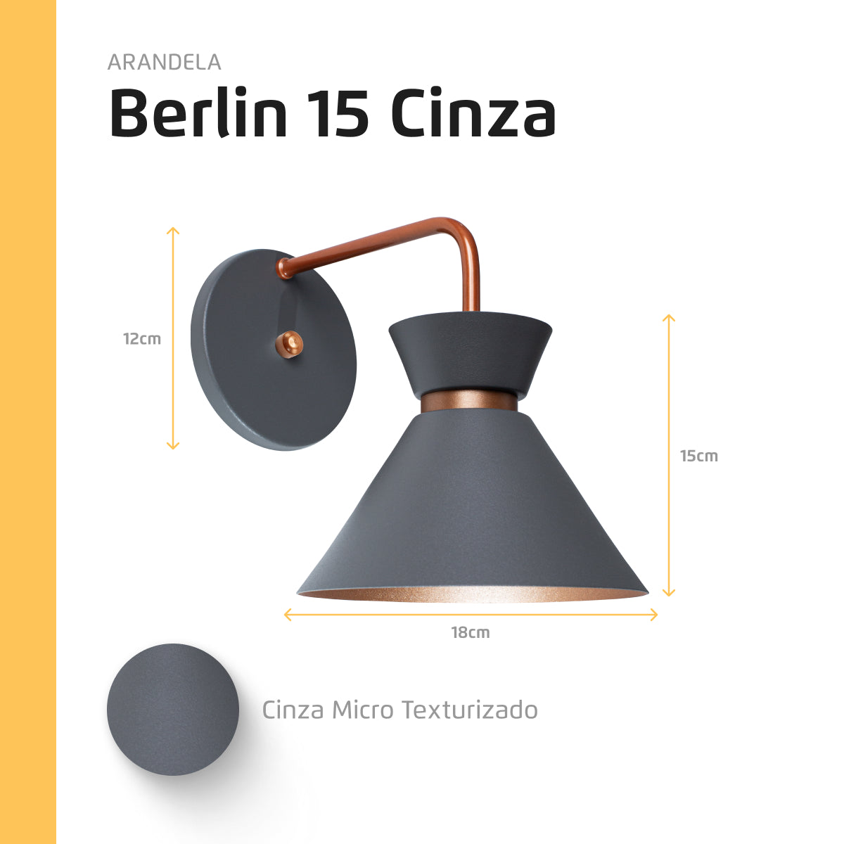 Arandela Parede Berlin 15cm Cinza C/ Cobre