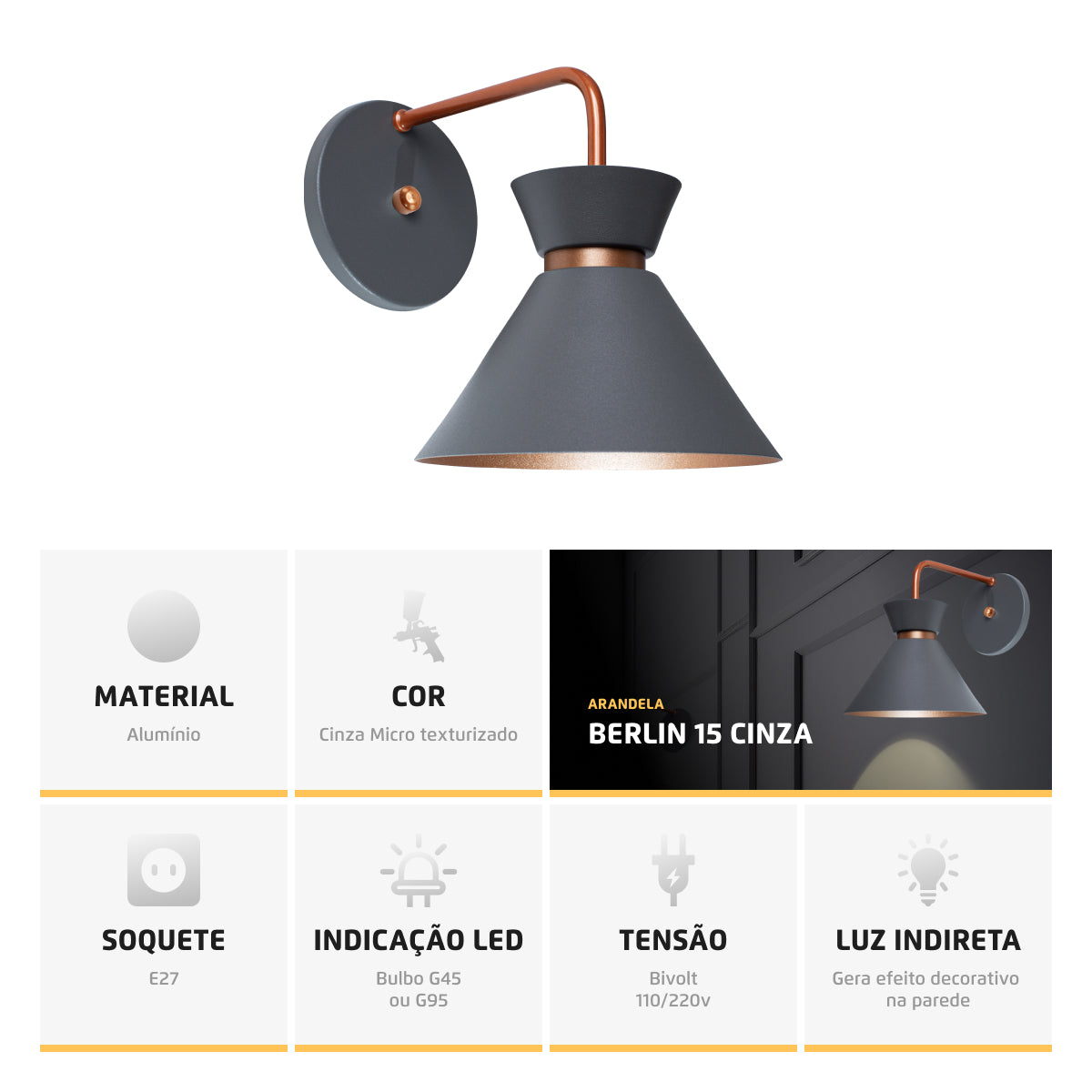 Arandela Parede Berlin 15cm Cinza C/ Cobre