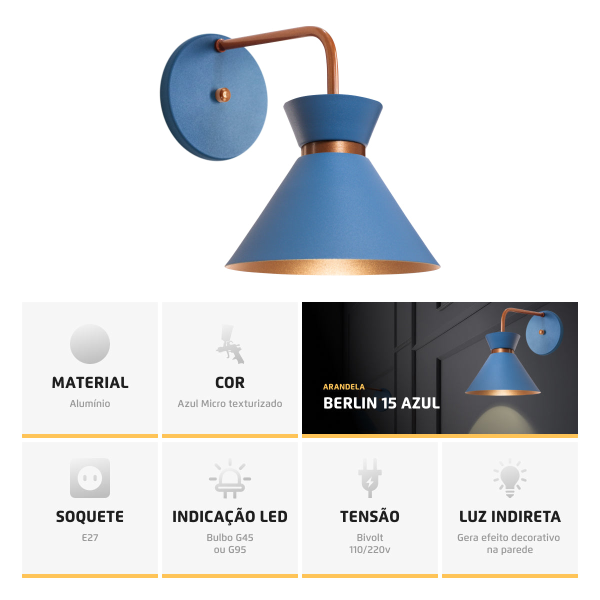 Arandela Parede Berlin 15cm Azul C/ Cobre