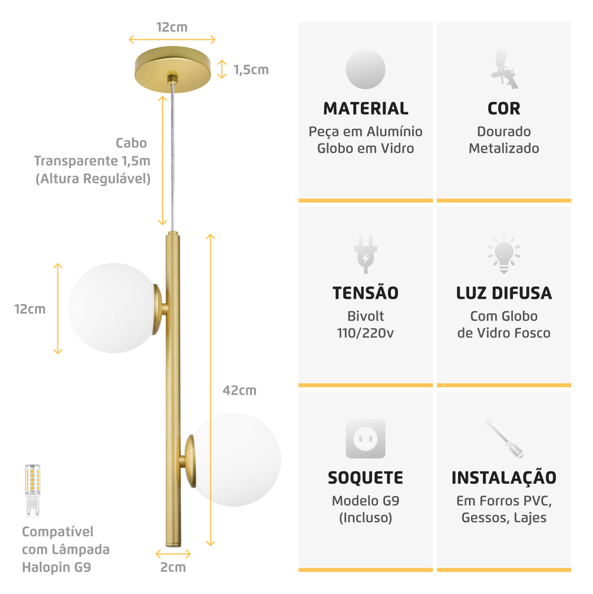 Luminária Pendente Galha Dourado 2 Globos Leitosos 12Cm