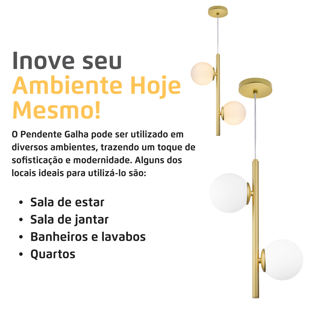 Luminária Pendente Galha Dourado 2 Globos Leitosos 12Cm