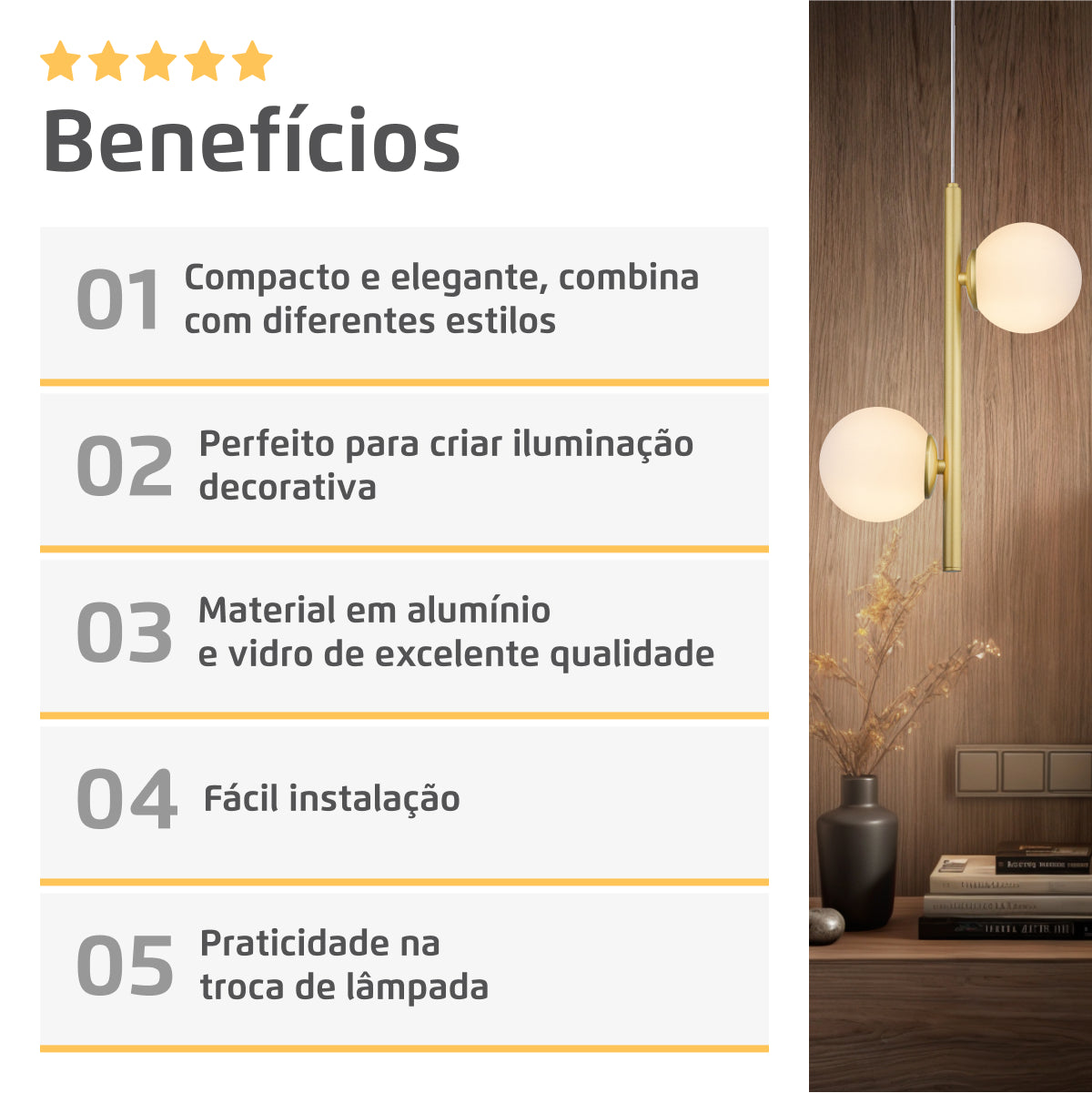 Luminária Pendente Galha Dourado 2 Globos Leitosos 12Cm