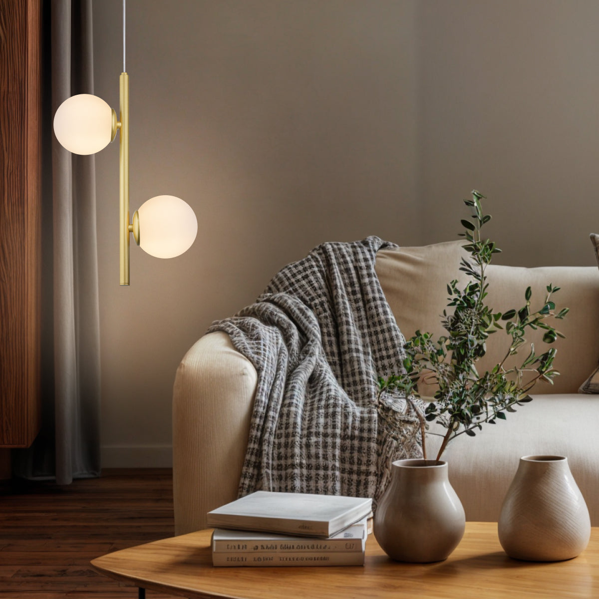 Luminária Pendente Galha Dourado 2 Globos Leitosos 12Cm