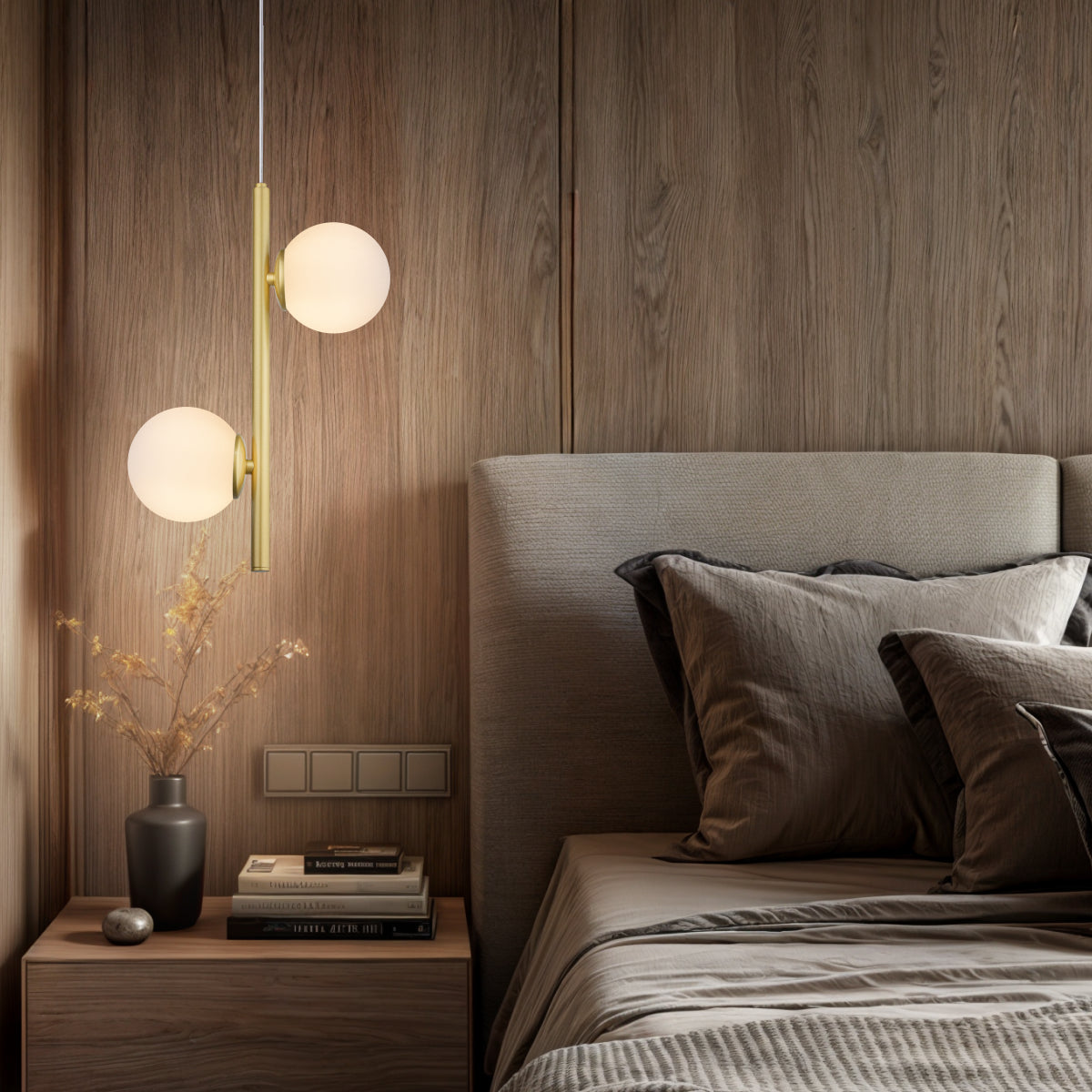 Luminária Pendente Galha Dourado 2 Globos Leitosos 12Cm